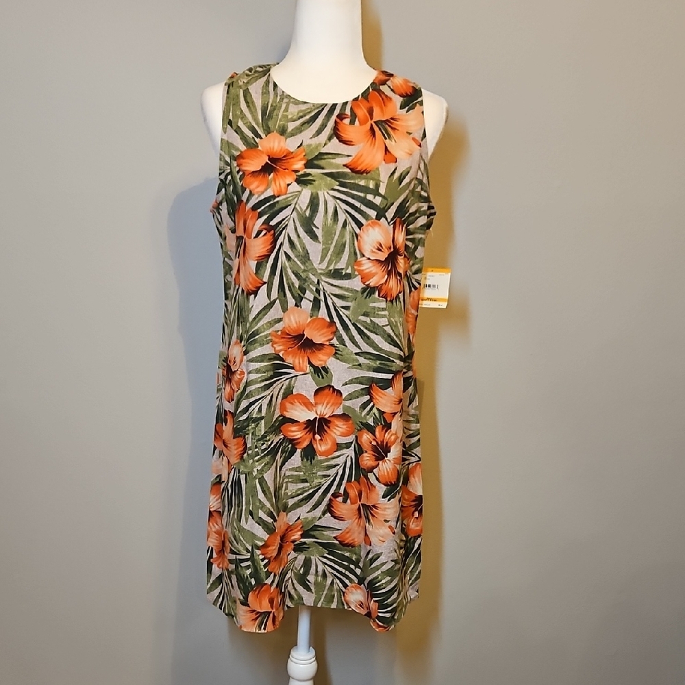 Anne Klein Floral Print Dress - Orange and Green Linen Style